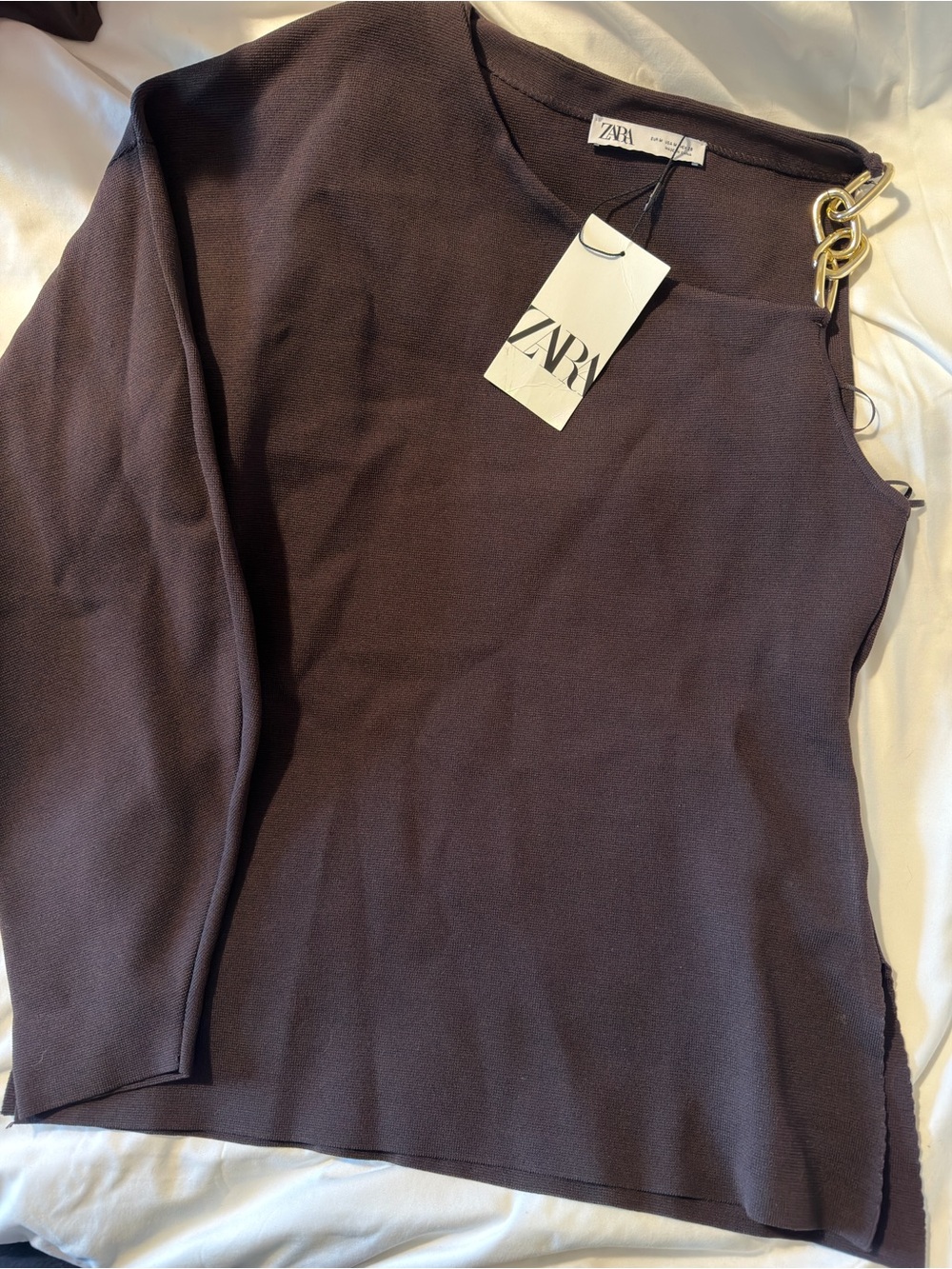 Zara One-Shoulder Long Sleeve Top in Dark Brown with Gold Hardware